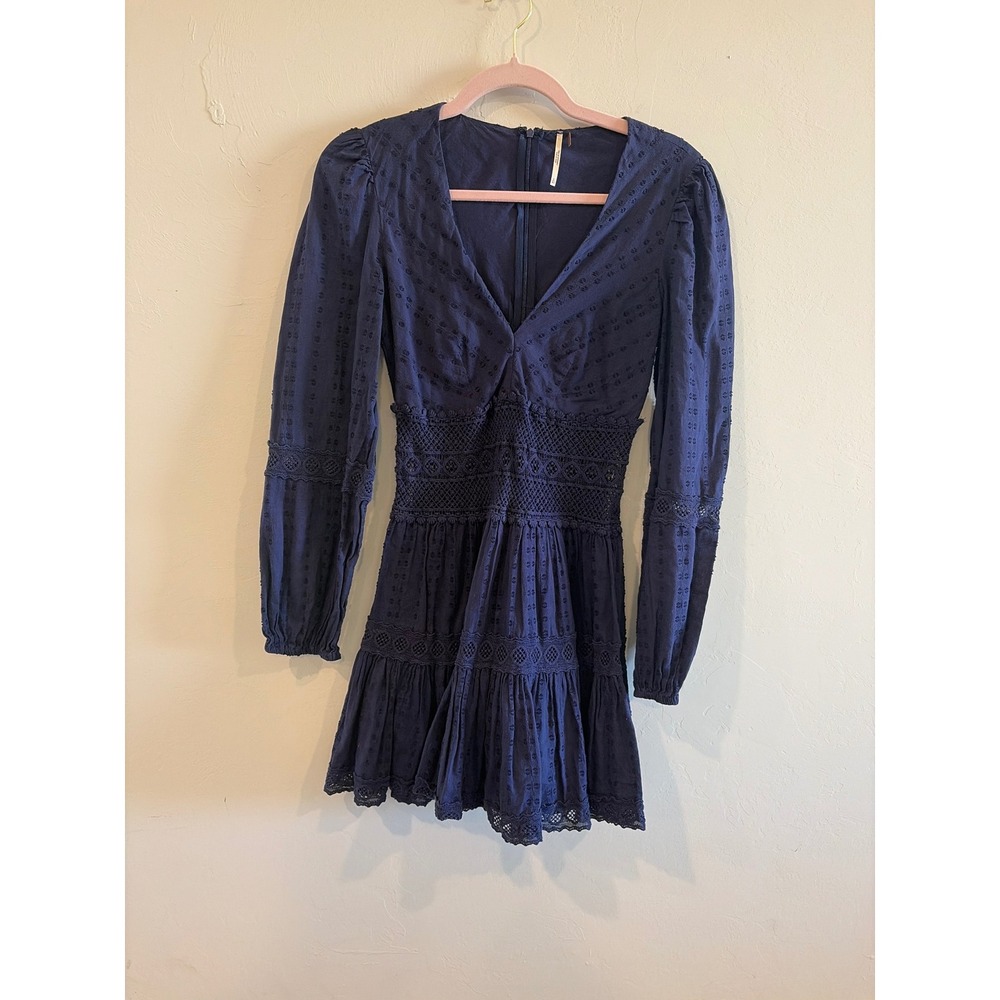 Free People Navy Blue Eyelet Cotton Mini Dress Long Sleeve Crochet Lace Size 0